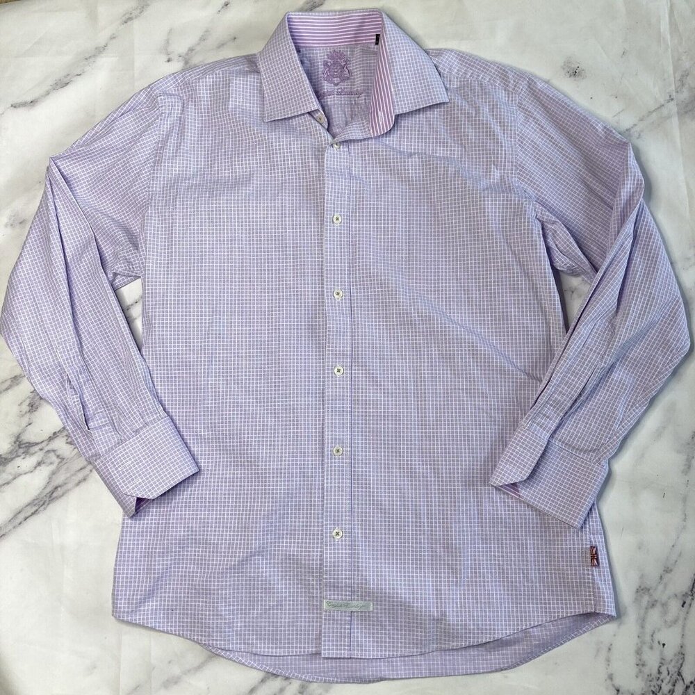 English Laundry Button Up Shirt Mens Size 16 1/2 34/35 Purple White L/S Check